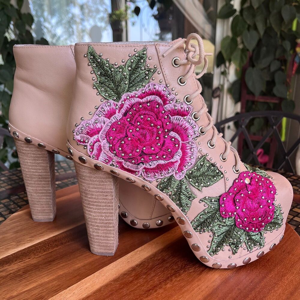 Jeffrey Campbell Floral Embroidered Tie-Up Pink & Green Platform Boots Shoes 9.5
